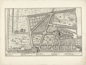 Plattegrond van de tuin en wijngaard van paus Sixtus V en de tuin van kardinaal Paolo Savelli