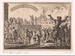 Plein te Orange, waar het bestuur van prins Willem III wordt aanvaard, terwijl de menigte kijkt naar een boog in de lucht, 1670