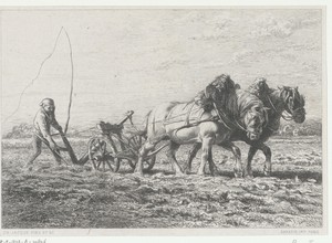 Ploegende boer met twee paarden
