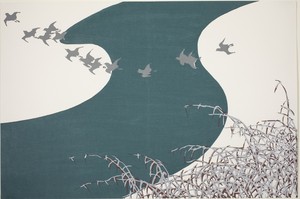 Plovers Flying Across a River above Snow-Laden Reeds (Fuyu no Kawa), from the series "Worlds of Things (Momoyogusa)"