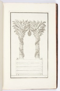 POELE d’un genre absolument nouveau, propre à être place dans une orangerie, superbe serre chaude, ou dans un appartement d’été en hyver, réunissant l’avantage de multiplier les tuyaux à la chaleur qui monte à droite, passe au milieu des têtes des deux palmiers, descend à gauche, et par son circuit, augmente considérablement les émanations ignées, sans augmenter la consummation du combustible