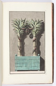 POELE d’un genre absolument nouveau, propre à être place dans une orangerie, superbe serre chaude, ou dans un appartement d’été en hyver, réunissant l’avantage de multiplier les tuyaux à la chaleur qui monte à droite, passe au milieu des têtes des deux palmiers, descend à gauche, et par son circuit, augmente considérablement les émanations ignées, sans augmenter la consummation du combustible