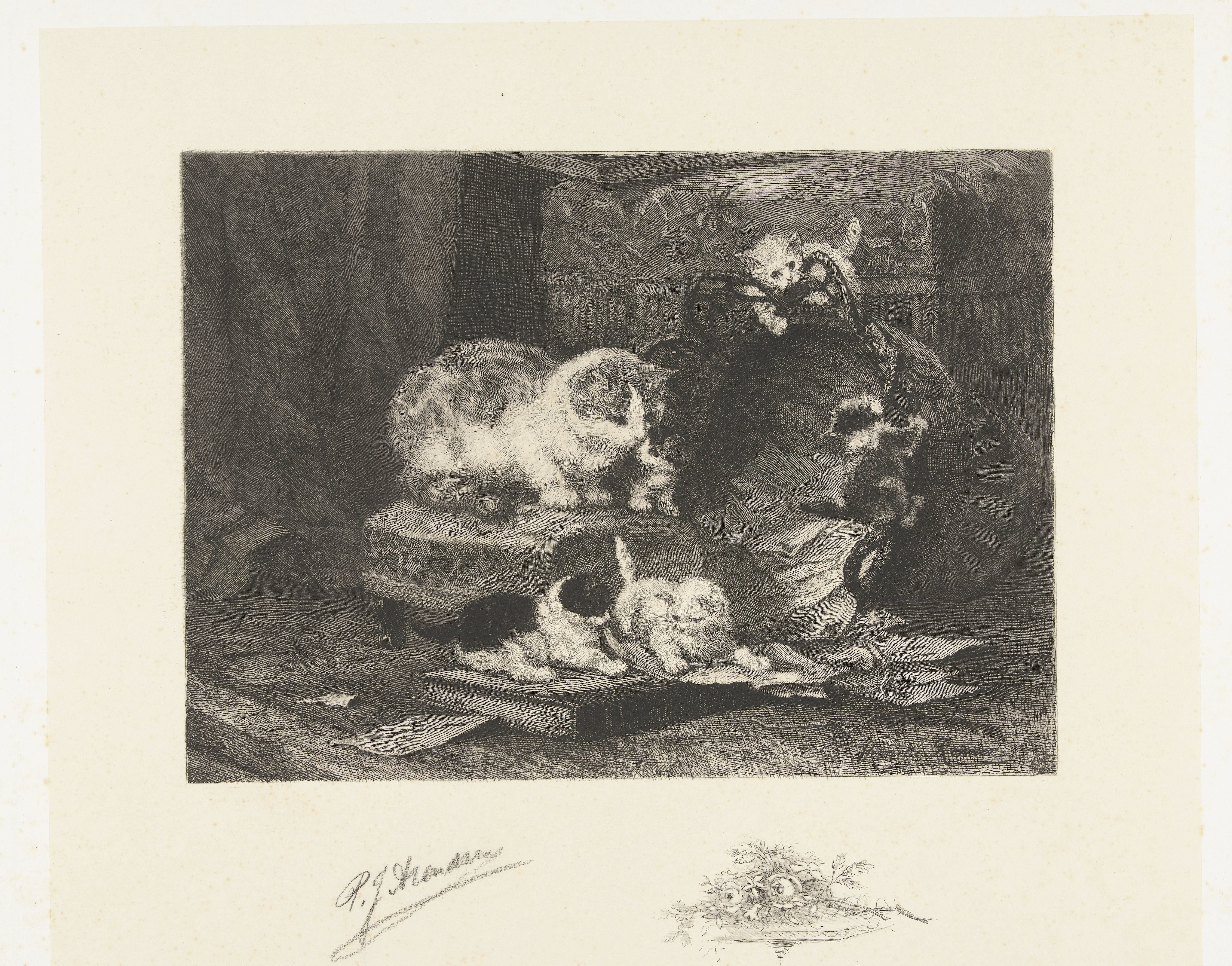 Poes met vijf spelende jongen by Petrus Johannes Arendzen