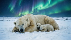 Polar Bear Family Aurora Slumber