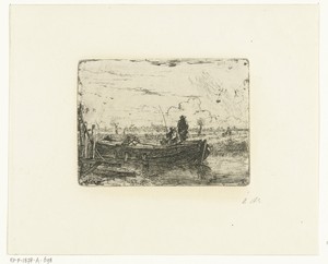 Polderlandschap met twee mannen op boot