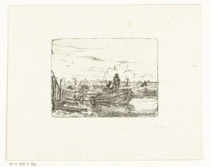 Polderlandschap met twee mannen op een boot