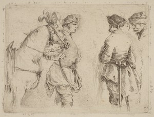 Pole Holding the Bridle of a Horse while Speaking with Two Other Men