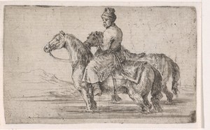 Poolse knecht baadt twee paarden