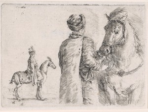 Poolse knecht houdt paard bij teugel, op de achtergrond een man te paard