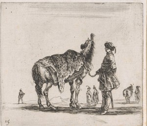 Poolse man naast een paard met luipaardvel over de rug