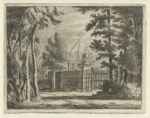 Poort van een buitenplaats met leeuwenbeeld op een kolom