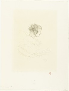 Portret van actrice Luce Myrès met waaier