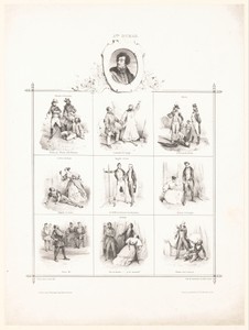 Portret van Alexandre Dumas en negen voorstellingen uit zijn werken