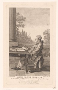 Portret van Alexis-Claude Clairaut aan zijn schrijftafel in de buitenlucht