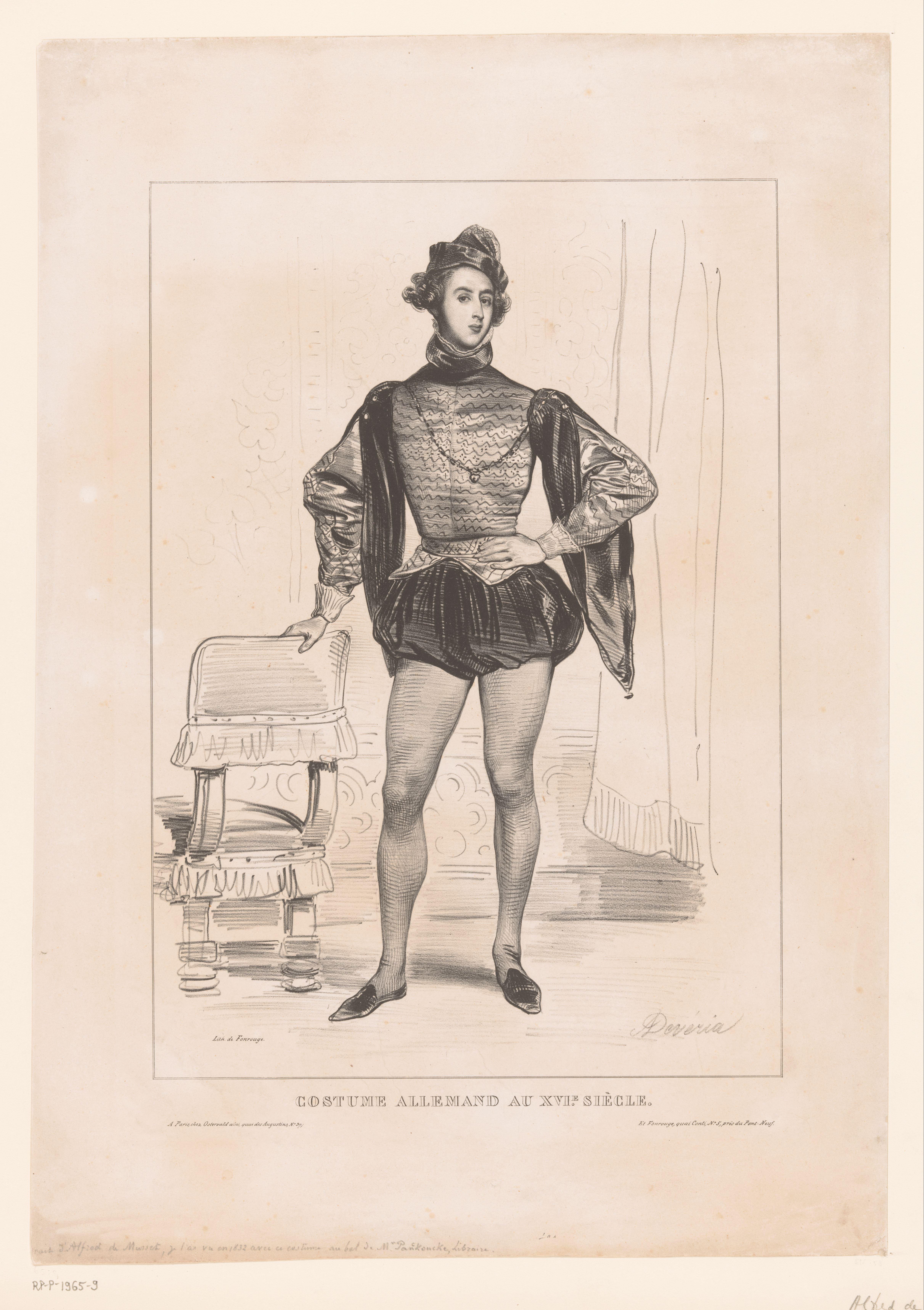 Portret van Alfred de Musset in Duits zestiende-eeuws kostuum by Achille Devéria