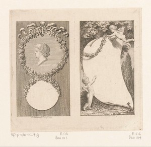 Portret van Amelia en een door putti opgehouden blanco blad