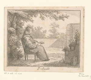 Portret van Arnoldus a Sancta Clara met een boek in de een tuin