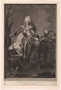 Portret van August III van Polen met jongen die zijn helm draagt