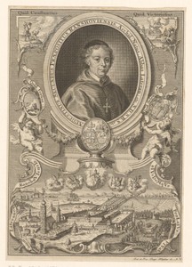 Portret van Augustinus, provoost van Stift Ranshoven, met gezicht op het klooster