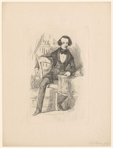 Portret van Charles Dickens, zittend aan een bureau bij een raam