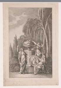 Portret van David Wipacher op een gedenkmedaillon bij een monument met de rouwende personificaties van Religie en Hoop onder een treurwilg