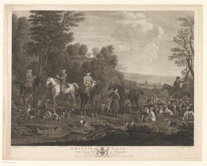 Portret van een jachtgezelschap met honden in een landschap