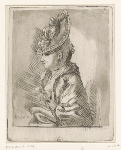 Portret van een jonge dame met hoed in profiel naar links