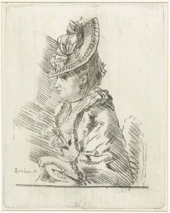 Portret van een jonge dame met hoed in profiel naar links