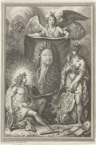 Portret van een mansbuste omringd door allegorische figuren