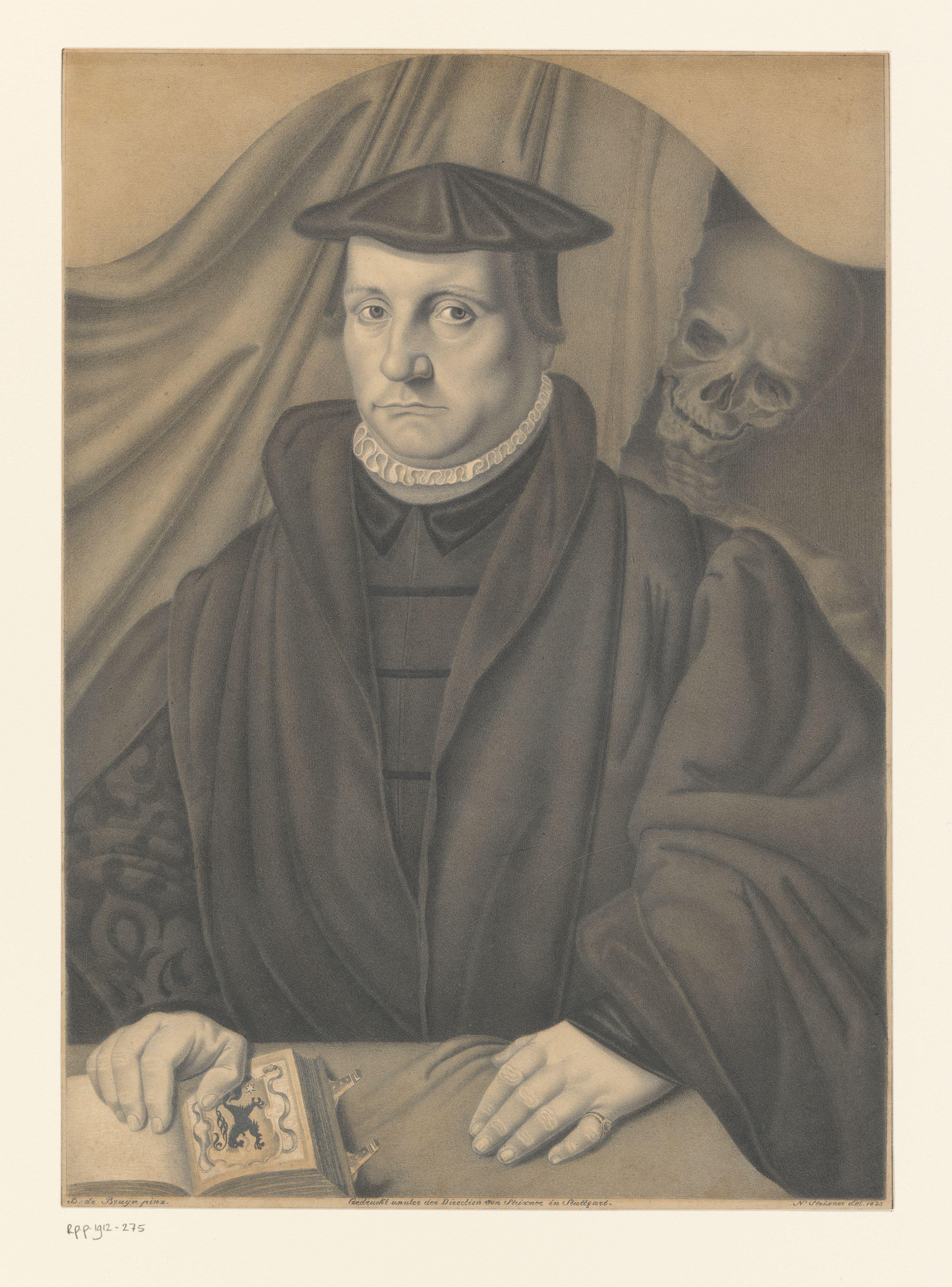 Portret van een onbekende man met skelet achter hem by Johann Nepomuk Strixner