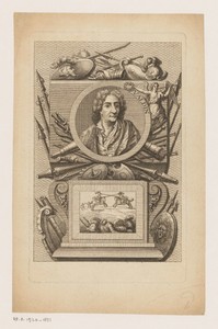 Portret van een onbekende man, mogelijk Valdin, in een cartouche met wapens