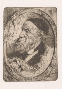 Portret van een onbekende oude man met zijn handen op een wandelstok