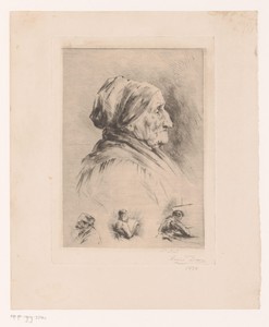 Portret van een onbekende oude vrouw, daaronder drie kleinere portretstudies