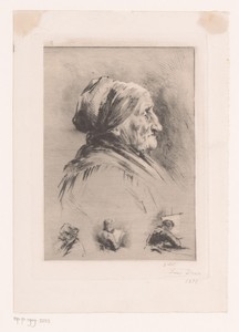 Portret van een onbekende oude vrouw, daaronder drie portretstudies