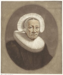 Portret van een oude vrouw met brede stijf geplooide kraag en diadeemmutsje
