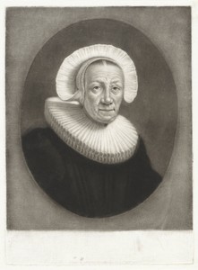 Portret van een oude vrouw met geplooide plooikraag