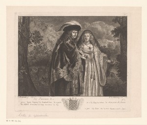 Portret van een rijk gekleed echtpaar in een landschap