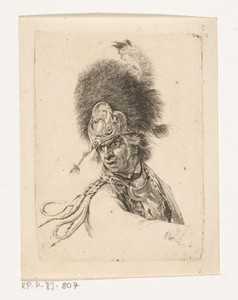 Portret van een soldaat met een hoge bontmuts op