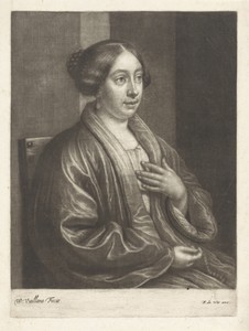 Portret van een vrouw met een parelketting in de hand
