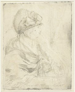 Portret van een vrouw, zittend bij het raam, de vinger aan de lippen