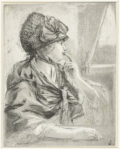 Portret van een vrouw, zittend bij het raam, de vinger aan de lippen