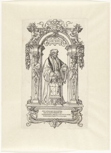 Portret van Erasmus staand onder boog met beeld van Terminus