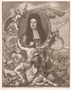Portret van Eugenius van Savoye gedragen door allegorische figuren