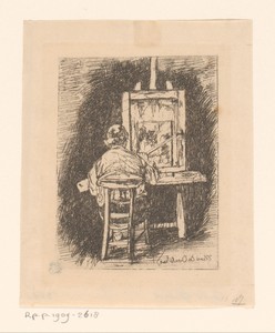 Portret van Ferdinand de Braekeleer achter zijn schildersezel