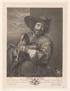 Portret van François Langlois met doedelzak en hond