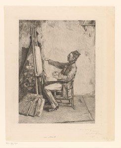 Portret van Frans Meerts aan zijn ezel