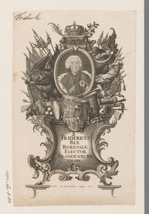 Portret van Frederik de Grote in allegorische omlijsting