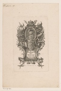 Portret van Frederik de Grote in allegorische omlijsting