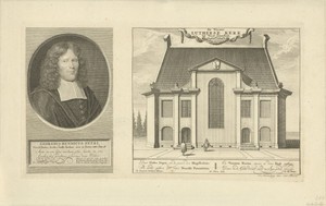 Portret van Georg Henri Petri en gezicht op de lutherse kerk van Zaandam