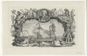 Portret van George Anson boven een zeeslag